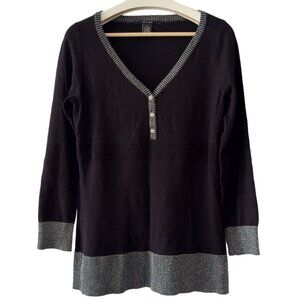89TH & Madison Black Metallic Silver Trim Rhinestone Button‎ Tunic Sweater
